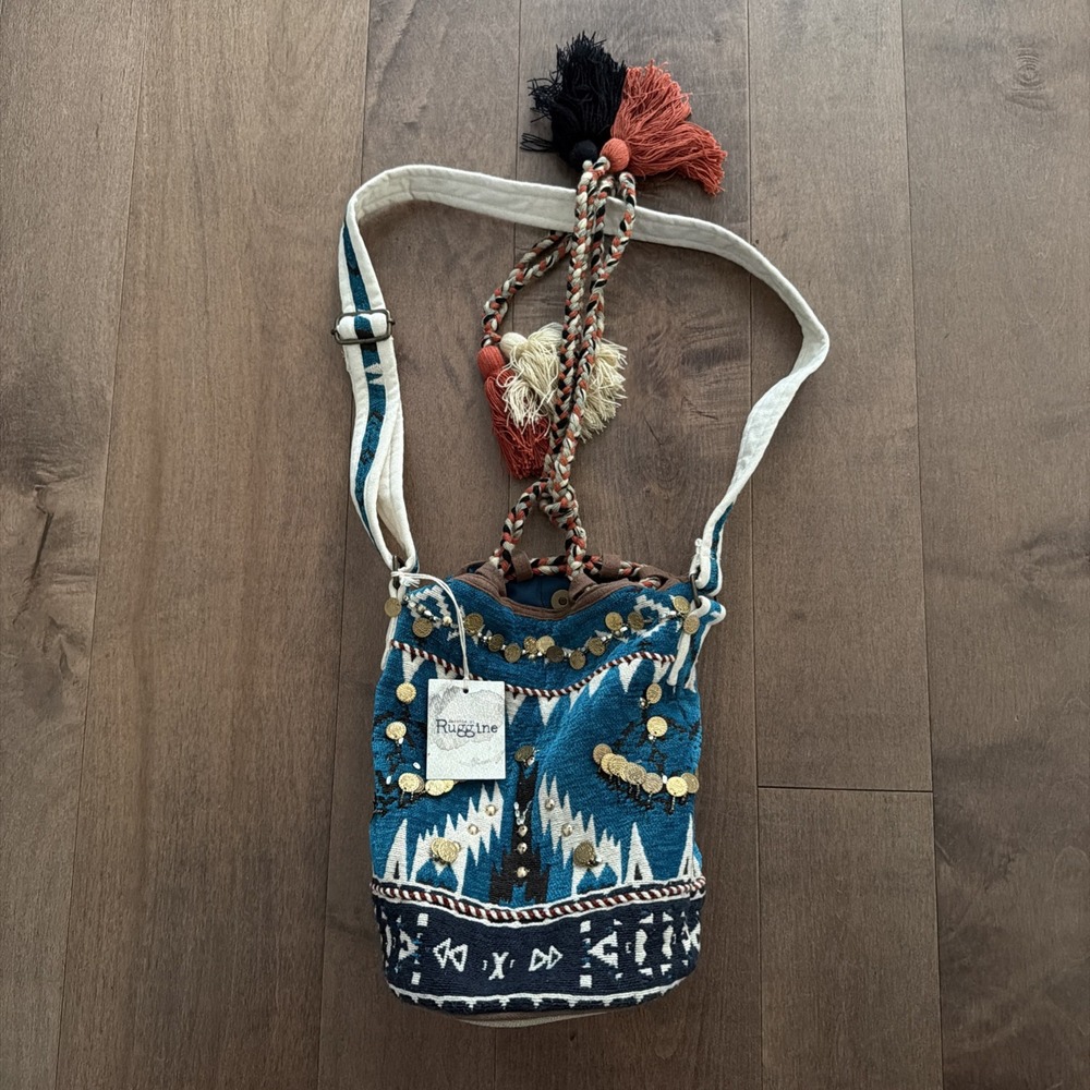 Ruggine Handwoven Coin Pendant Tassel Boho Tribal Print Bucket Bag Blue